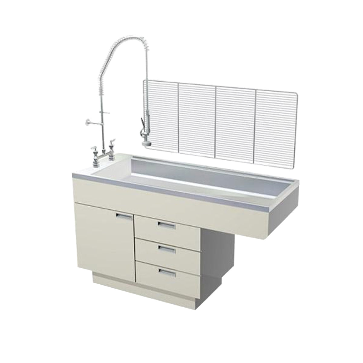 60-inch millwork veterinary wet table with cabinet and drawers